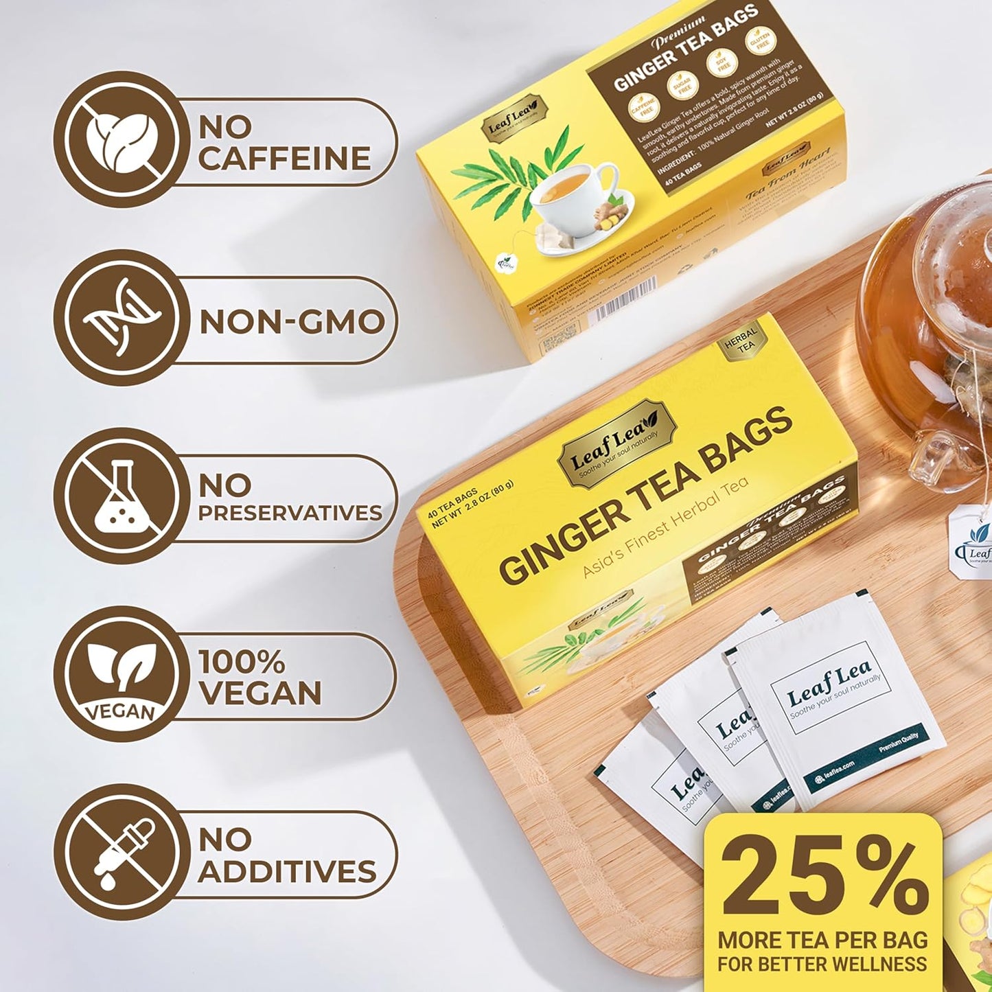 LeafLea Ginger Root Tea Bags, Real Ginger Herbal Tea, 80 Count | Warming Spicy-Sweet Brew, Individually Foil-Wrapped, Supports Digestion &amp; Immunity, Caffeine-Free, Non-GMO
