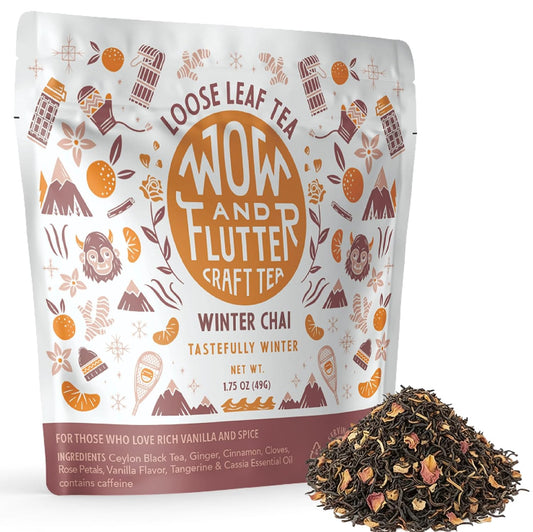 Wow and Flutter Winter Chai Loose Leaf Black Tea, Ginger &amp; Cinnamon 1.75 oz | Caffeinated spiced blend cloves, vanilla, rose, bright citrus finish for cozy at-home lattes, Small-batch dependable flavor