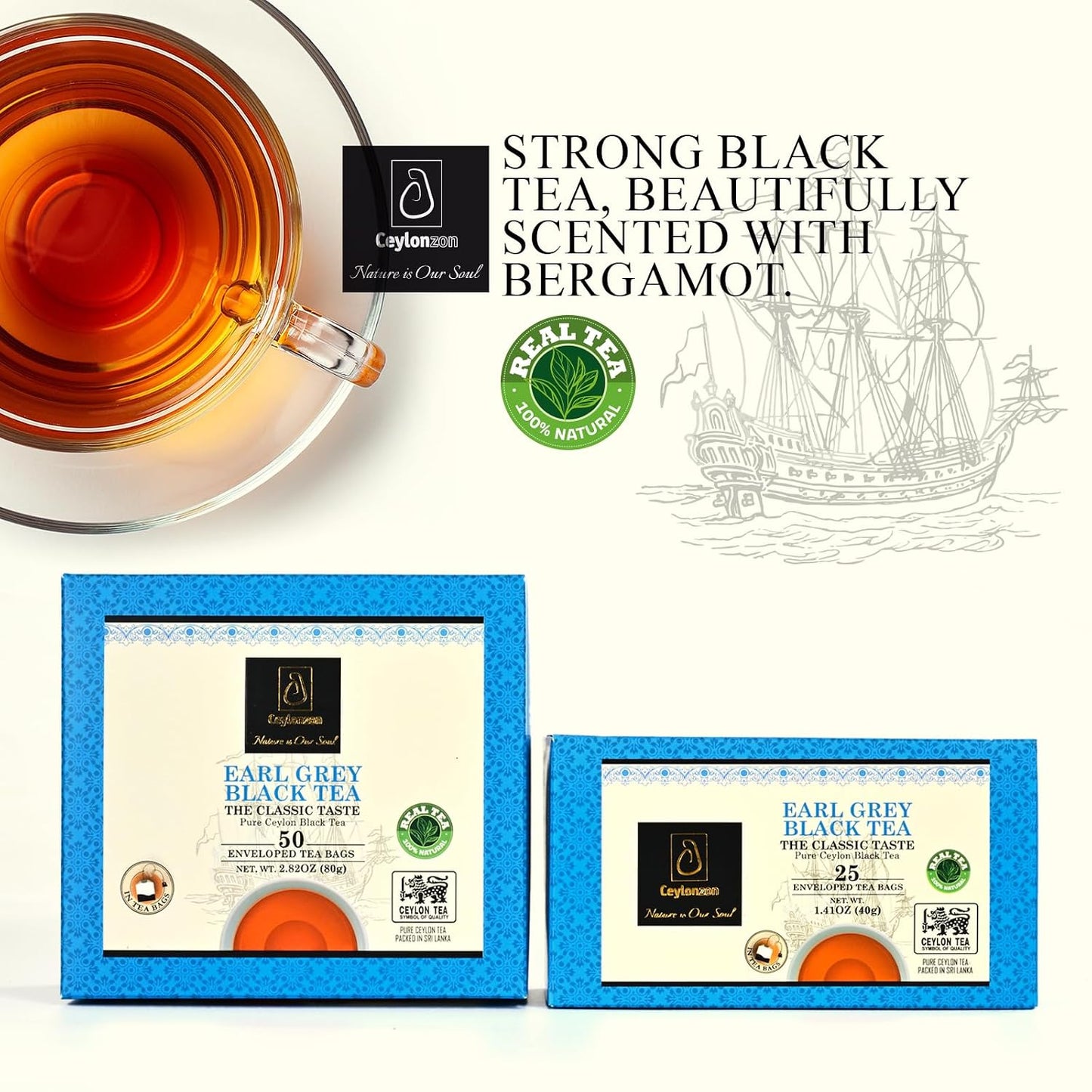 Ceylonzon Earl Grey Black Tea Classic Taste 50 Individually Foil-Wrapped Tea Bags, Infused with Pure Bergamot for a Bold, Aromatic Flavor and Refreshing Experience 80g