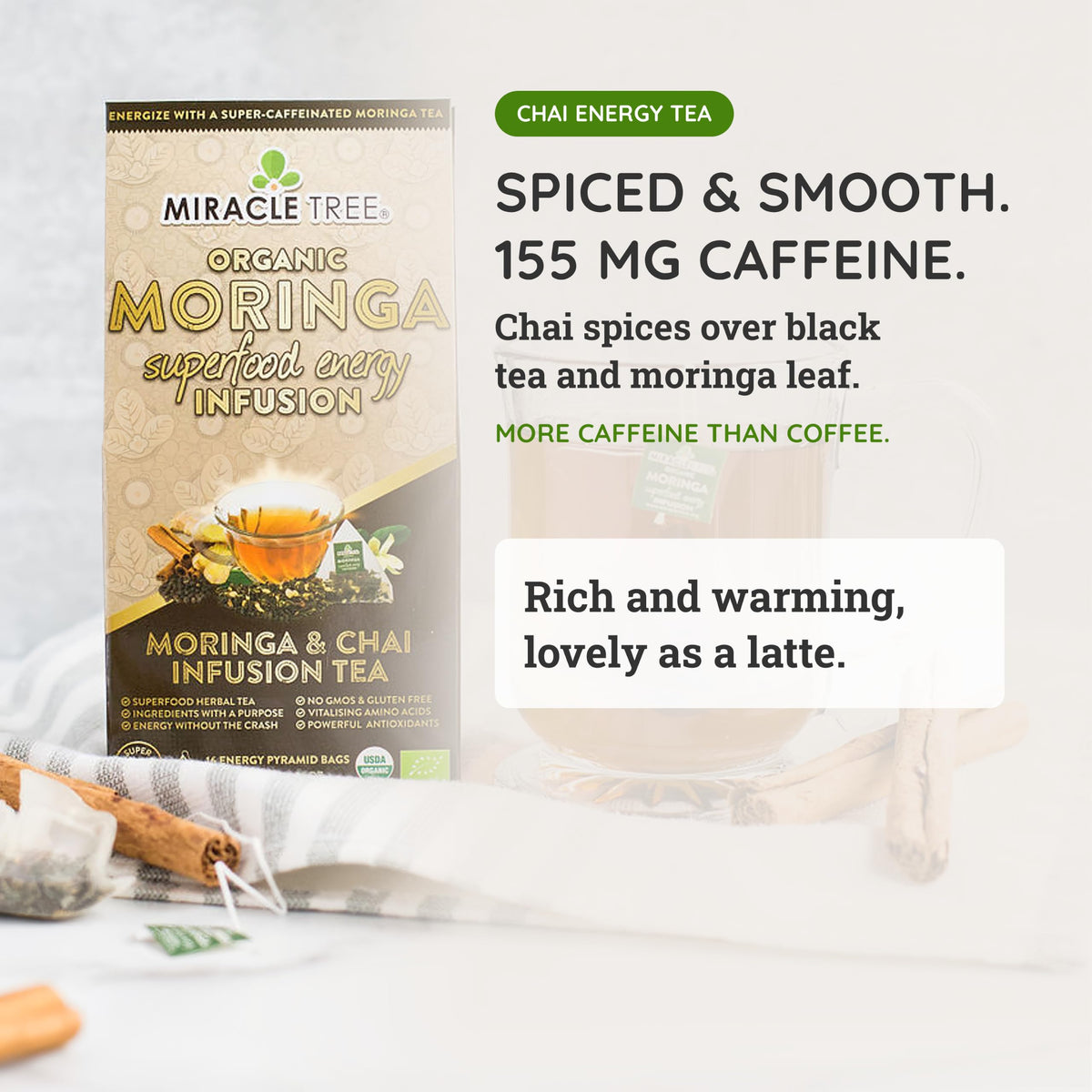 Miracle Tree Organic Moringa Energy Tea, Chai, 16 Bags