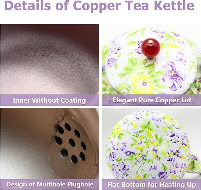 True Pure Copper Tea Kettle For Stovetop Safe, 47.3oz Non-Coating Copper Teapot with Tea Ball For Loose Leaf, Elegant Flower Pattern Kettle