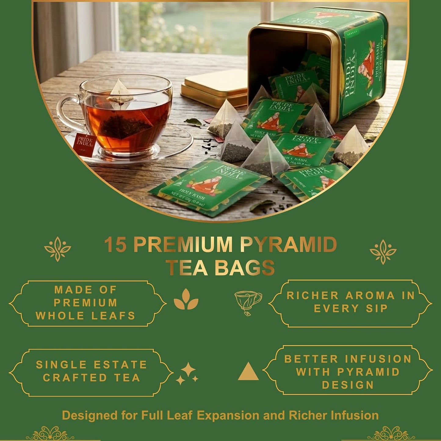 Pride of India Holy Basil Herbal Tea – 30 Pyramid Tea Bags (2 PACK) | Individually Wrapped Pure Tulsi Leaf Divine Healing Tea for Daily Calm &amp; Mindful Living | Caffeine Free