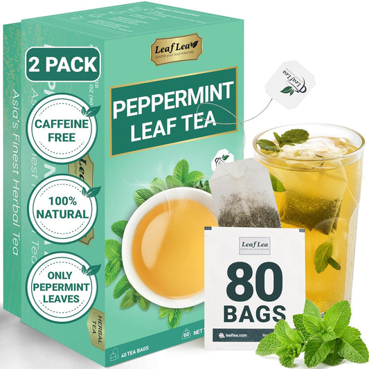 LeafLea Peppermint Tea Bags, Pure Peppermint Leaf Tea, 80 Count, 2-Pack | Real Mint Tea Bags With Smooth, Cooling Flavor, Caffeine-Free, Vegan, Individually Foil-Wrapped, Great To Share