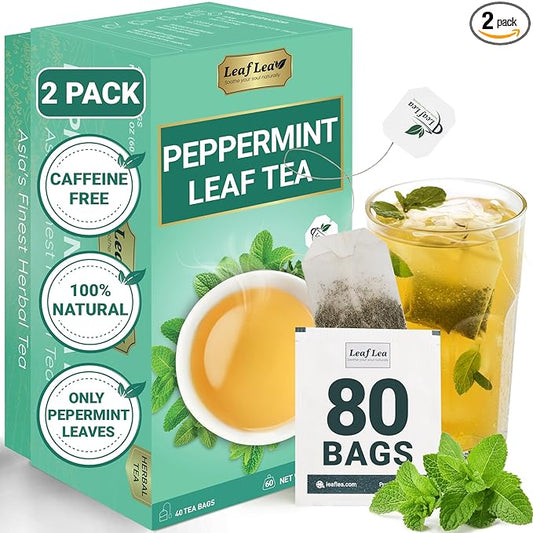 LeafLea 80 Premium Peppermint Tea Bags, 100% Natural Peppermint Leaf Tea, Te de Menta for Soothing Throat & Refreshing Breath, Light and Smooth Flavor, Caffeine-Free, Sugar-Free, Individually Wrapped
