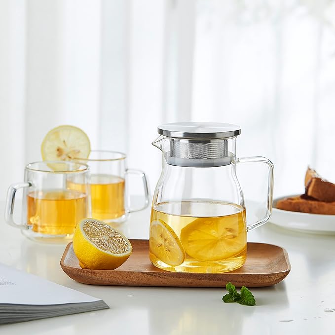 Cnglass One-Touch Glass Teapot, 27oz(800ml) Glass Tea Kettle with Stainless Steel Filter Lid, Stovetop Safe Loose Leaf Tea Maker