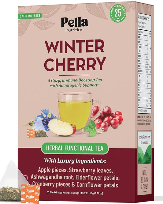 Winter Cherry Ashwagandha Herbal Tea – With Strawberry, Cranberry, Apple, Elderflower, Cornflower – Vegan, Kosher, Caffeine-Free – Hot or Iced Tea Bags – Adaptogenic & Immune Health Support (25 Count)