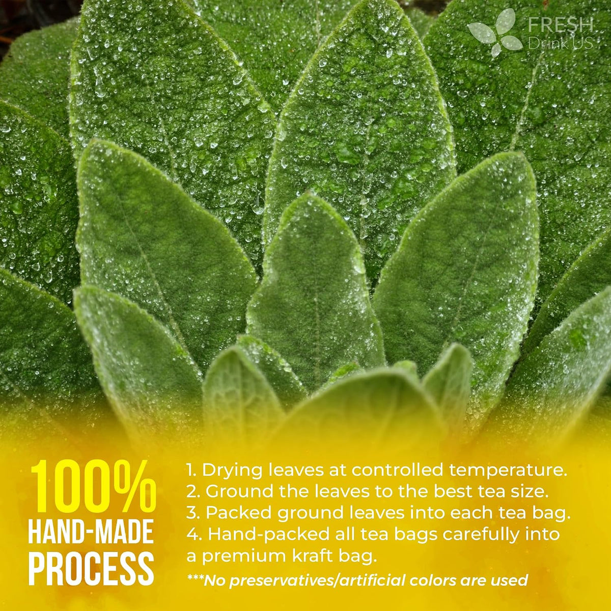FreshDrinkUS, Premium 80 Mullein Leaf Tea Bags – 100% Natural, Pure, &amp; Caffeine-Free Herbal Tea for Lung – Loose Leaf, No Sugar, Vegan, Gluten-Free, Made with Natural Material Tea Bags
