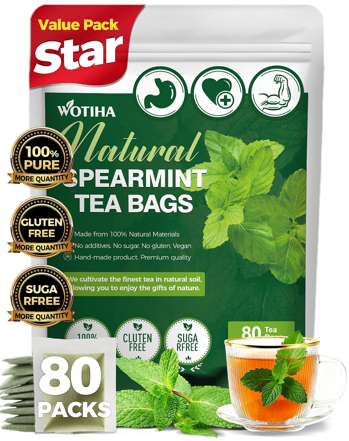 WOTIHA 80 Count Premium Spearmint Tea Bags - 100% Pure Natural Spearmint Leaves, High in Antioxidants, Supports Digestion, Caffeine-Free, Additive-Free, Sugar-Free, Vegan Non-GMO.