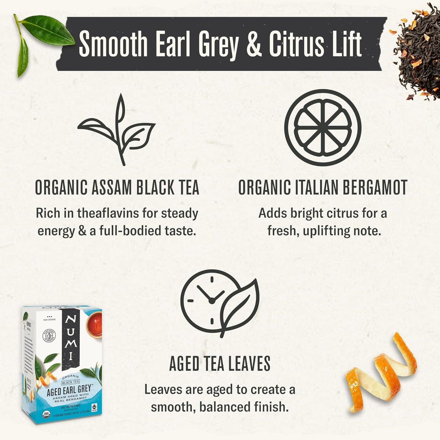 Numi Organic Aged Earl Grey Tea | 54 Black Tea Bags | Assam Black Tea with Real Bergamot | Caffeinated