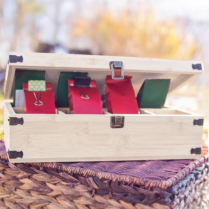 Large Wooden Tea Organizer Box, Big 14" Pine Storage Chest, 8-Slot Tall, Adjustable Shelves, 100% Handmade Craft Eco-Friendly Natural Décor