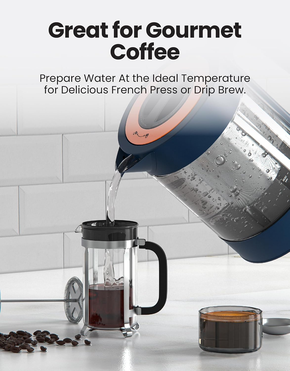 Viante Alba Electric Tea Kettle, Infuser, No Plastic, 1.5L, Midnight Blue | Borosilicate glass &amp; 304 stainless steel construction. 4 temp presets, keep-warm, cordless, auto shut-off