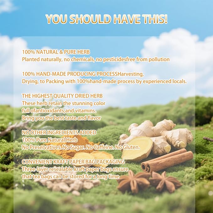 120 Bags Premium Turmeric Ginger Cinnamon Tea, Improve Digestion, Support Brain, Weight, Skin and Sleep, Eco-Conscious Tea Bags and Premium Natural Ingredients. Turmeric Ginger Herbal Tea. No Sugar, No Caffeine, No Gluten, Vegan.