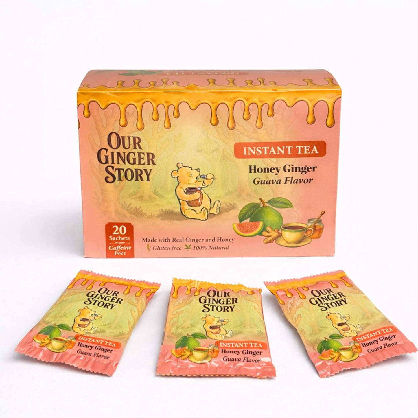Premium Honey Ginger Instant Tea Crystals Guava Flavor 20 Sachets Real Ginger Real Honey Pure Cane Sugar Caffeine Free Hot Or Cold Single Serve Drink Mix