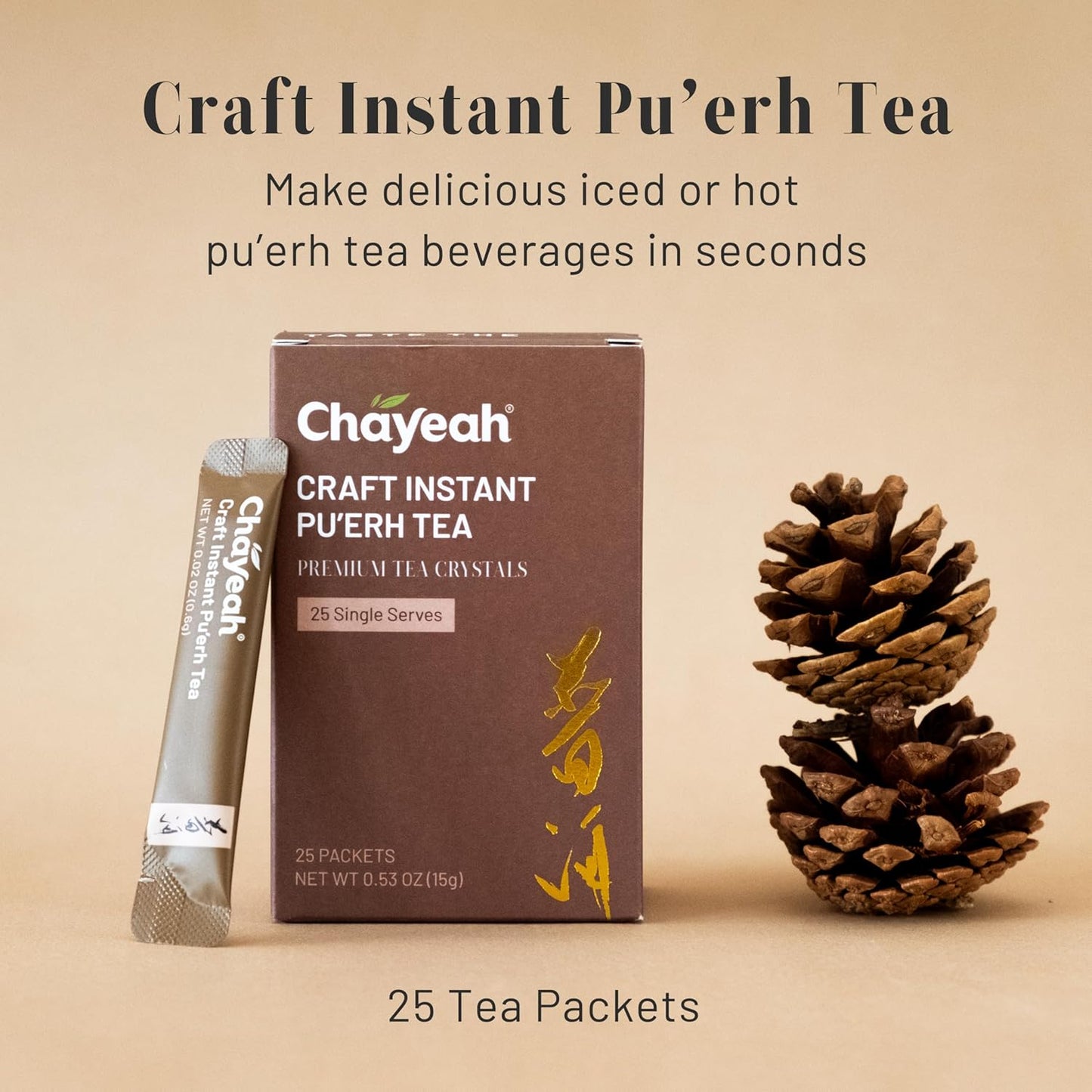 CHAYEAH, Craft Instant Pu'erh Tea, Quick Brew Tea Crystals, No Sugar, Natural Caffeine, Hot or Cold (25 Packets)