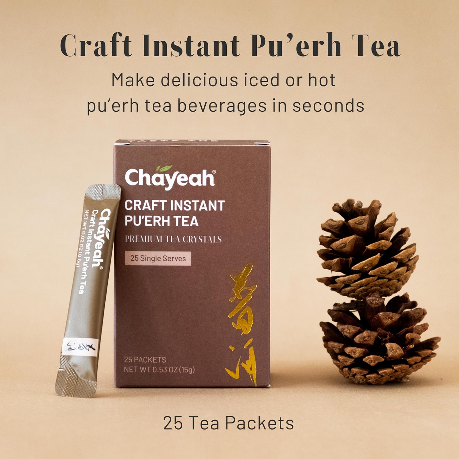 CHAYEAH, Craft Instant Pu'erh Tea, Quick Brew Tea Crystals, No Sugar, Natural Caffeine, Hot or Cold (25 Packets)