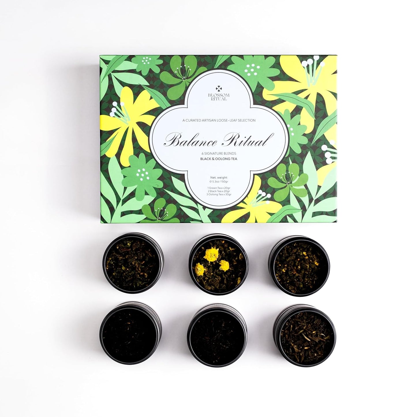 BLOSSOM RITUAL Balance Ritual Artisan Loose‑Leaf Tea Set – 6 Tin Gift Box – Oolong, Black &amp; Green Tea – Mindful Wellness Sampler – Natural Infusion – 5.3oz