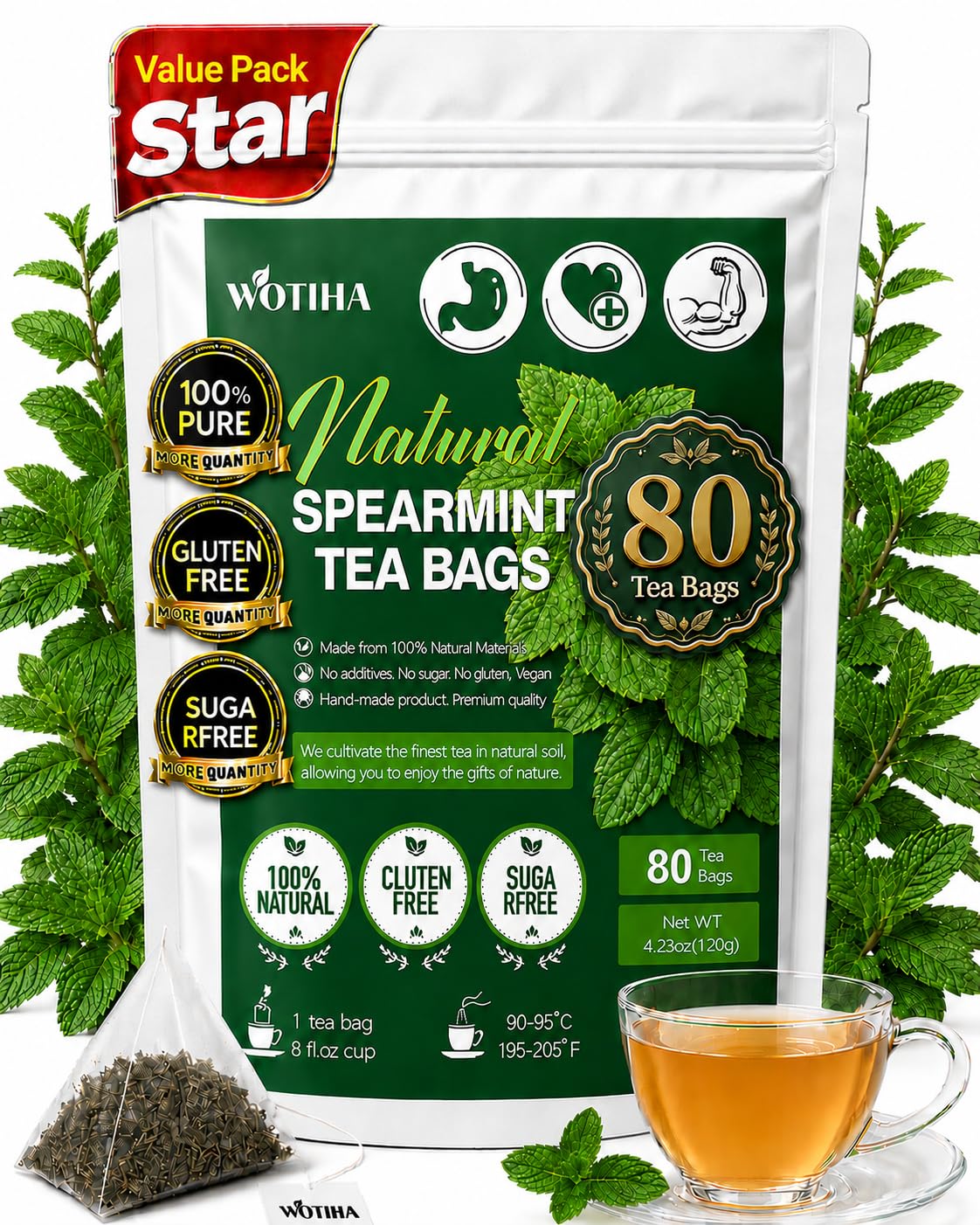 WOTIHA 80 Count Premium Spearmint Tea Bags - 100% Pure Natural Spearmint Leaves