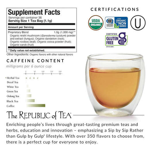 The Republic of Tea SuperShroom Organic Calm Herbal Tea, 36 Count | Caffeine Free. Suitable for day or evening sipping. Notes of cocoa, roasted root and earthy mushroom.