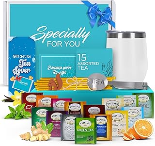 Tea Gifts for Women – Sampler Gift Basket with 15 Unique Blends, Honey Sticks, Stainless Tumbler & Gift-Ready Box (White)