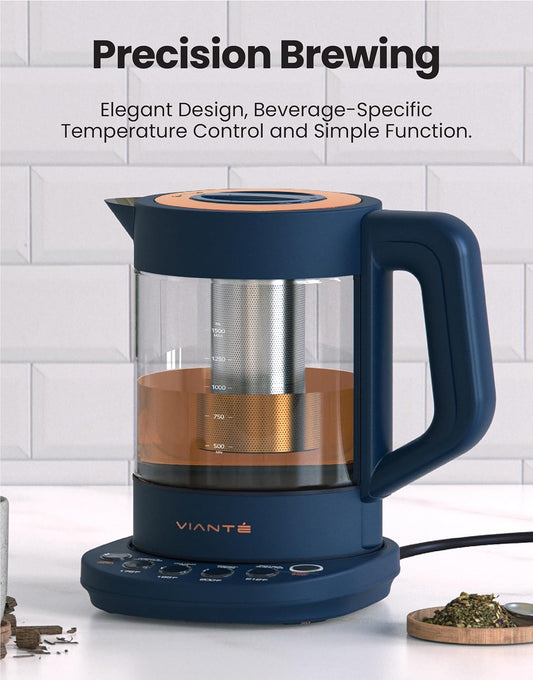 Viante Alba Electric Tea Kettle, Infuser, No Plastic, 1.5L, Midnight Blue | Borosilicate glass &amp; 304 stainless steel construction. 4 temp presets, keep-warm, cordless, auto shut-off