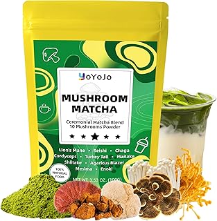 Mushroom Matcha, 10 Superfood Mushroom Powder Blend with Japanese Ceremonial Grade Matcha, Mushroom Coffee Alternative for Energy, Focus, Immunity