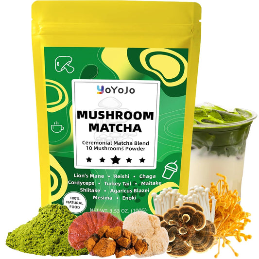 Mushroom Matcha, 10 Superfood Mushroom Powder Blend with Japanese Ceremonial Grade Matcha, Mushroom Coffee Alternative for Energy, Focus, Immunity