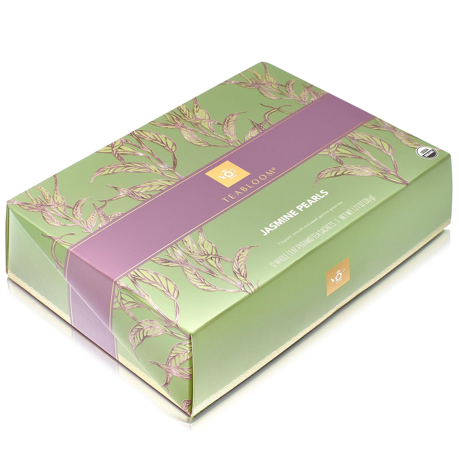 Teabloom Jasmine Pearls – USDA Organic Jasmine Green Tea in Plant-Based Pyramid Sachets – Luxury Tea Gift Box with 12 Compostable Sachets – Kosher Certified