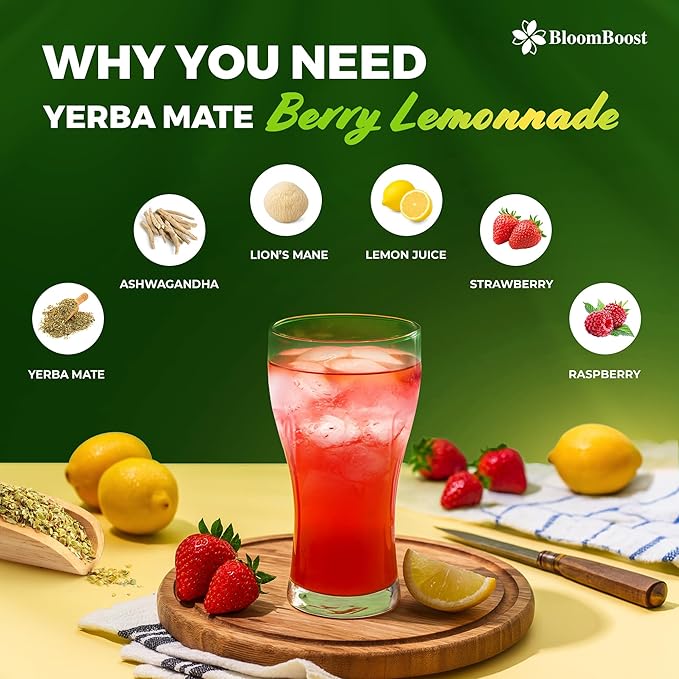 Yerba Mate Instant Tea Powder – Yerba Mate, Ashwagandha, Lion’s Mane, Chlorophyll, Berry Lemonade Flavor – 6.34 oz (18 Servings) – Sugar-Free, Gluten-Free, Superfood Energy & Focus Blend