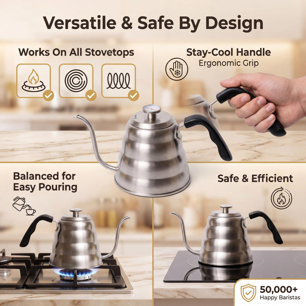 Barista Warrior Gooseneck Kettle, 1.2L Pour Over Kettle, Silver