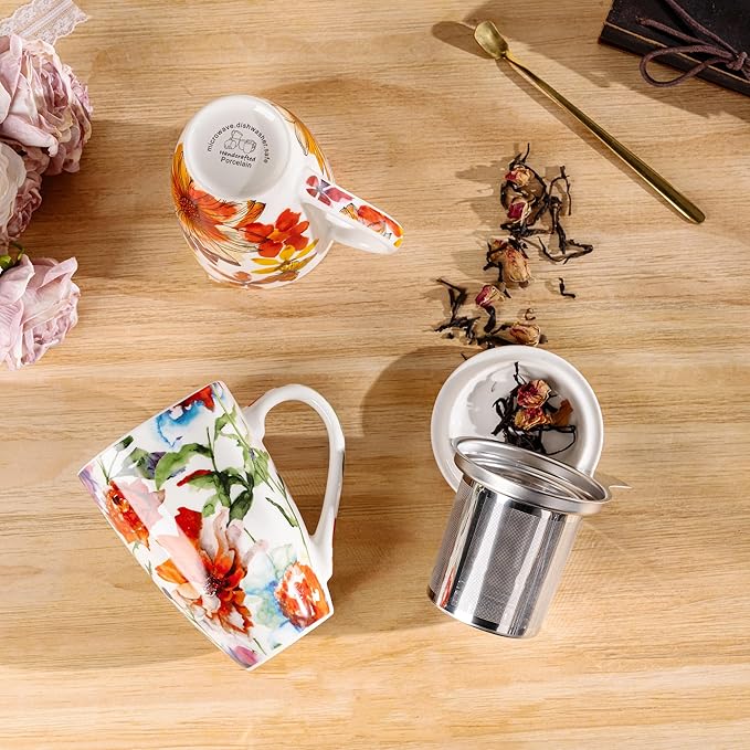 Gbhome Tea Mug with Infuser and Lid, 18 Ounce Large Ceramic Loose Leaf Cup, Microwave, Dishwasher Safe, Perfect for Tea Lovers