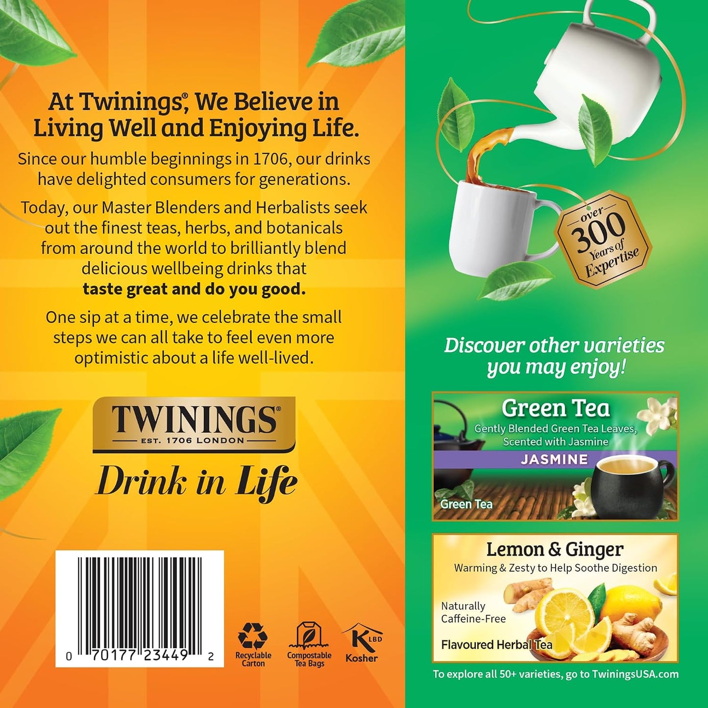 Twinings Pure Green Tea, Caffeinated, Tea Bags, 100 CT Box (1 Pack) | Pure, Smooth, Fresh &amp; Aromatic Green Tea, Naturally Caffeinated, 100 Foil Lined Individually Wrapped Bags, Enjoy Hot or Iced