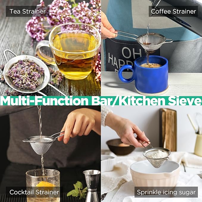 Homestia 2 Piece 3.3" Fine Mesh Strainer for Kitchen, 304 Stainless Steel Cocktail Sieve Sifters for Food, Liquid Strainer for Drinks, Tea, Coffee