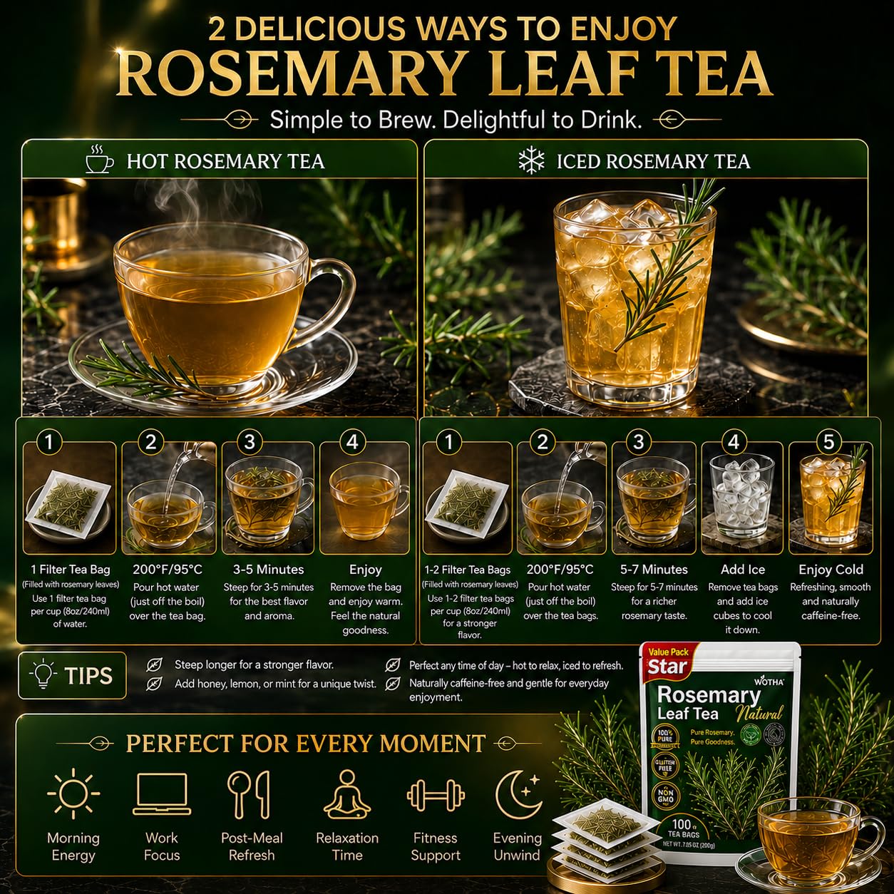 WOTIHA 60 Count Premium Rosemary Leaf Tea Bags - 100% Pure Natural Rosemary Leaves, Stimulating, Antioxidants &amp; Minerals, Caffeine-Free, No Additives.