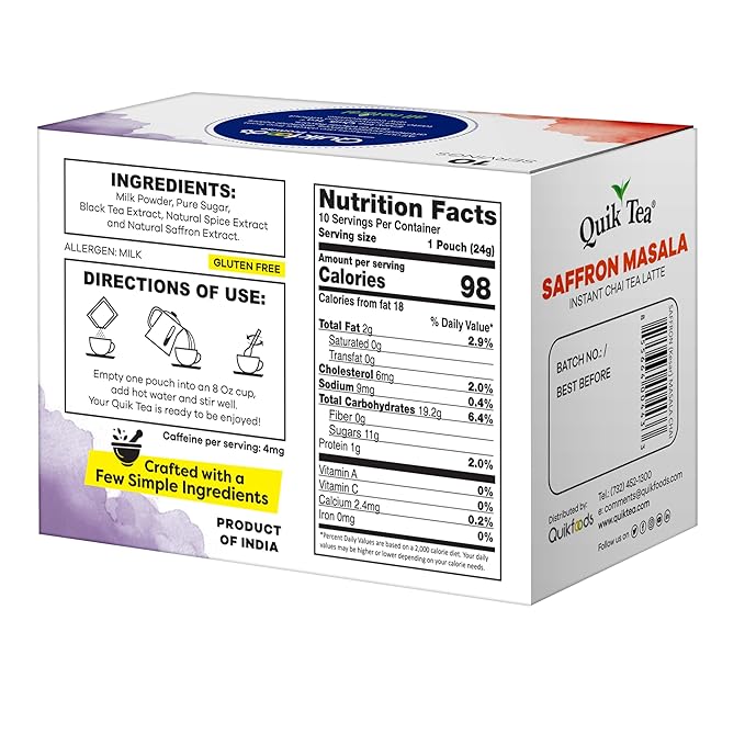 QuikTea Saffron Masala Chai Tea Latte – 10 Count, Bold Saffron Masala Flavor, no preservatives – Just Add Hot Water