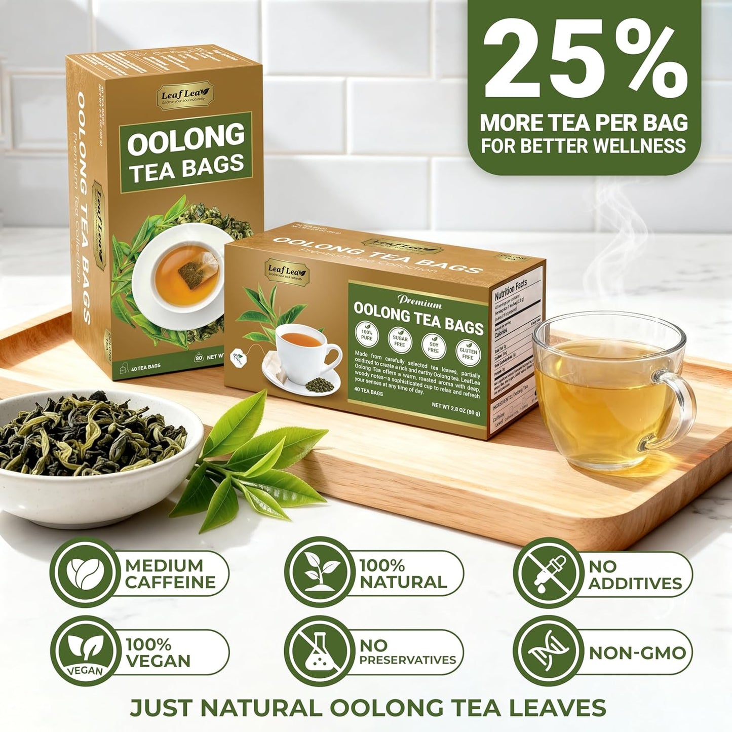LeafLea 40 Oolong Tea Bags, 100% Oolong Tea Leaves, Smooth Warm Aroma with Light Toasted Notes, Te Oolong for Daily Wellness Focus, Natural Caffeine, Sugar-Free, Individually Wrapped Freshness