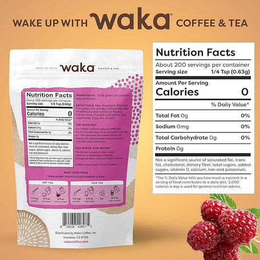 Waka Instant Green Tea Mix, Raspberry Flavored - 100% Tea Leaves, No Additives, Unsweetened Tea Powder in Bulk Pouch – Easy Quick Hot and Iced Teas, Up to 200 Cups (4.5oz)