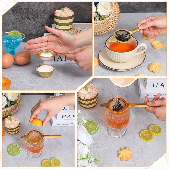 2.2" Gold Matcha Strainer, 30 Fine Mesh Matcha Sifter with Handle and Base, Stainless Steel Small Tea Strainer Fine Mesh, Small Metal Matchas Strainers for Loose Tea Coffee Cocktail