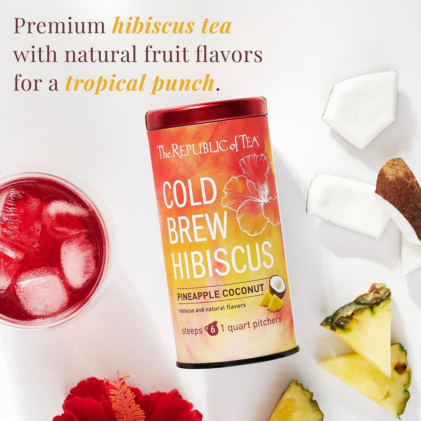 The Republic of Tea Cold Brew Hibiscus Pineapple Coconut Iced Tea, 6 Ct | Herbal Tea, Caffeine Free, Cold Brew Hibiscus with Tropical Pineapple and Coconut Notes