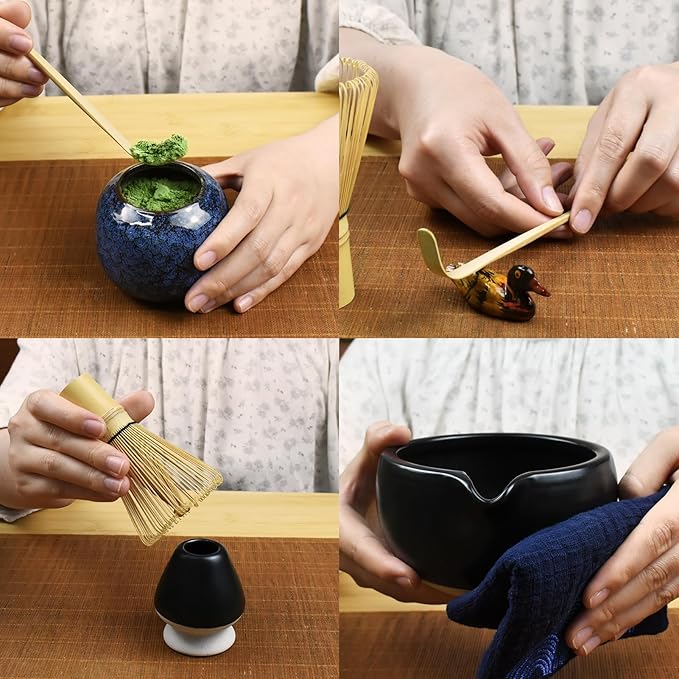 Artcome 7 Pcs Complete Matcha Ceremony Kit for Tea Ceremony, Bowl with Pouring Spout, Whisk, Tea Scoop, Matcha Powder Strainer, Matchatools For Making Usucha, Koicha and Matcha Latte (Black)