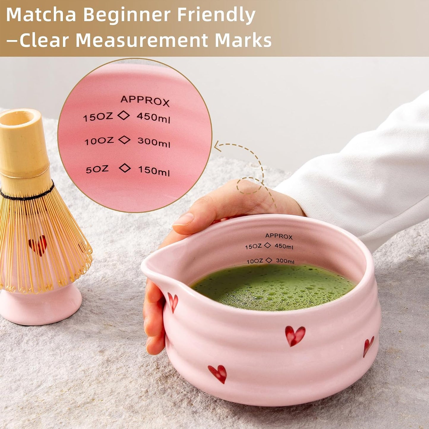 Ceramic Matcha Bowl with Bamboo Whisk Holder, Pink Love, Set of 2 | 16.5OZ Bowl with Spout and Measurement Marks, Japanese Tea Mixing Bowl with Whisk Stand, Matcha Gift Set, Ideal Gift Choice