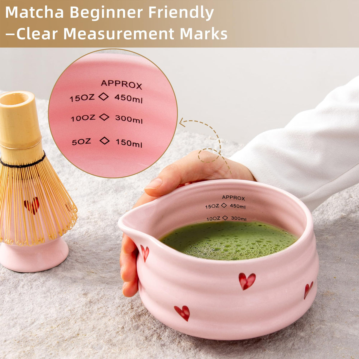 YumiPLUS 5pcs Matcha Set with Bamboo Whisk, Pink Love