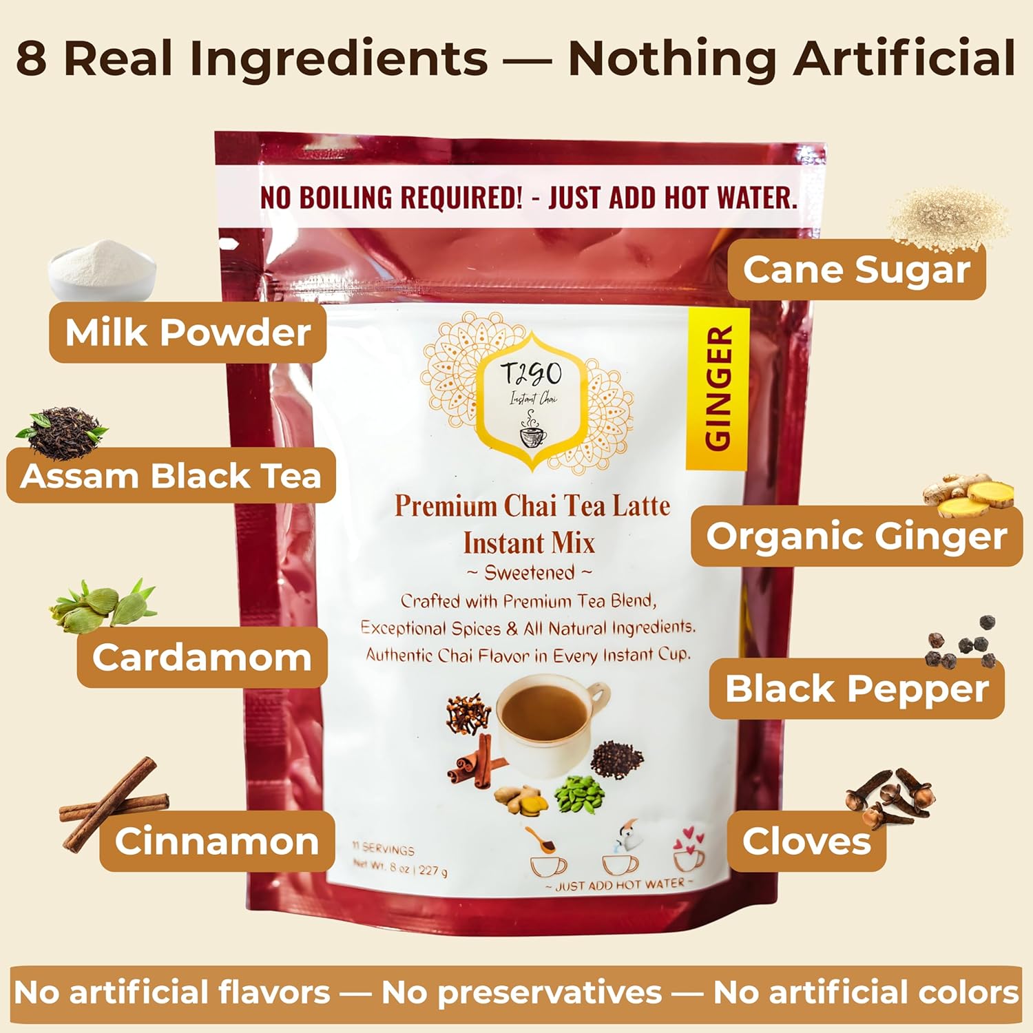 T2GO Instant Ginger Chai Latte Powder – Authentic Indian Chai Tea Mix | Low Sugar | Instant Chai Latte