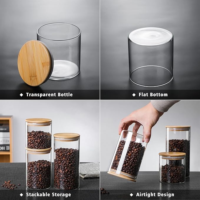 MOLFUJ 550 ML / 18 FL Oz Glass Storage Container with Wood Lid, Stackable Clear Decorative Organizer Bottle Canister Pantry Jar with Air Tight Wooden Lid for Food, Coffee, Candy, Sugar, Salt, Tea