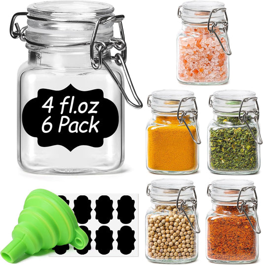 ComSaf Square Glass Spice Jars 4 oz 6 Pack with Labels and Funnel Set | Airtight clamp lids, eight labels, compact canisters for dried herbs, seasoning blends, seeds, tea, jam and organized refills