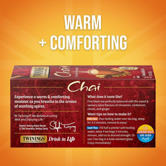 Twinings Chai Spiced Black Tea Bags, 25 CT Box (6 Pack) | Sweet &amp; Savoury, With Cinnamon, Ginger, Cardamom &amp; Clove, Naturally Caffeinated, 150 Foil Lined Individually Wrapped Bags