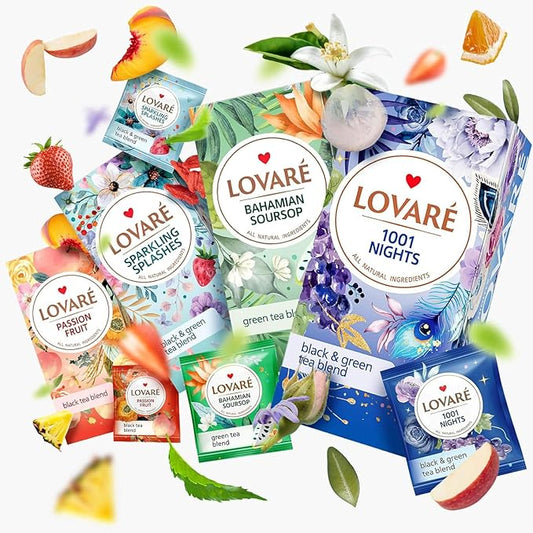 LOVARE Set of 4 Assorted Tea Bags Variety Pack 48 g - Made in Ukraine - 24 Black, Green Tea Sampler Bags x 2 g - Tea Bags Individually Wrapped - Assorted Tea Variety Pack Blends - Gift Box Assortment