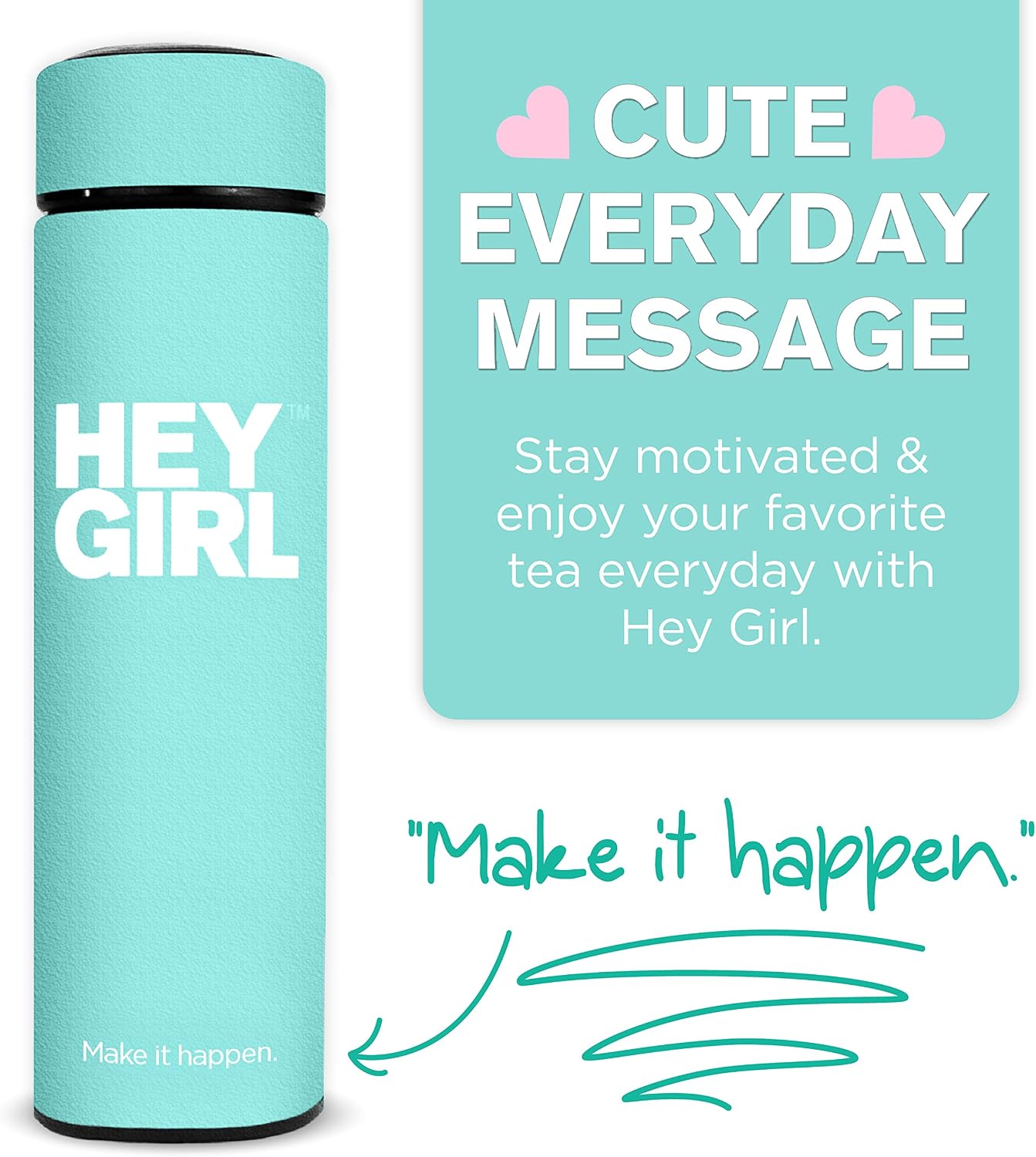 Hey Girl Tea Infuser Bottle 450ml - Insulated Stainless Steel Water Bottle - Tea Tumbler with Tea Diffuser - Portable Travel Mug for Loose Leaf Tea &amp; Infused Water - Tea Lovers Gifts for Women