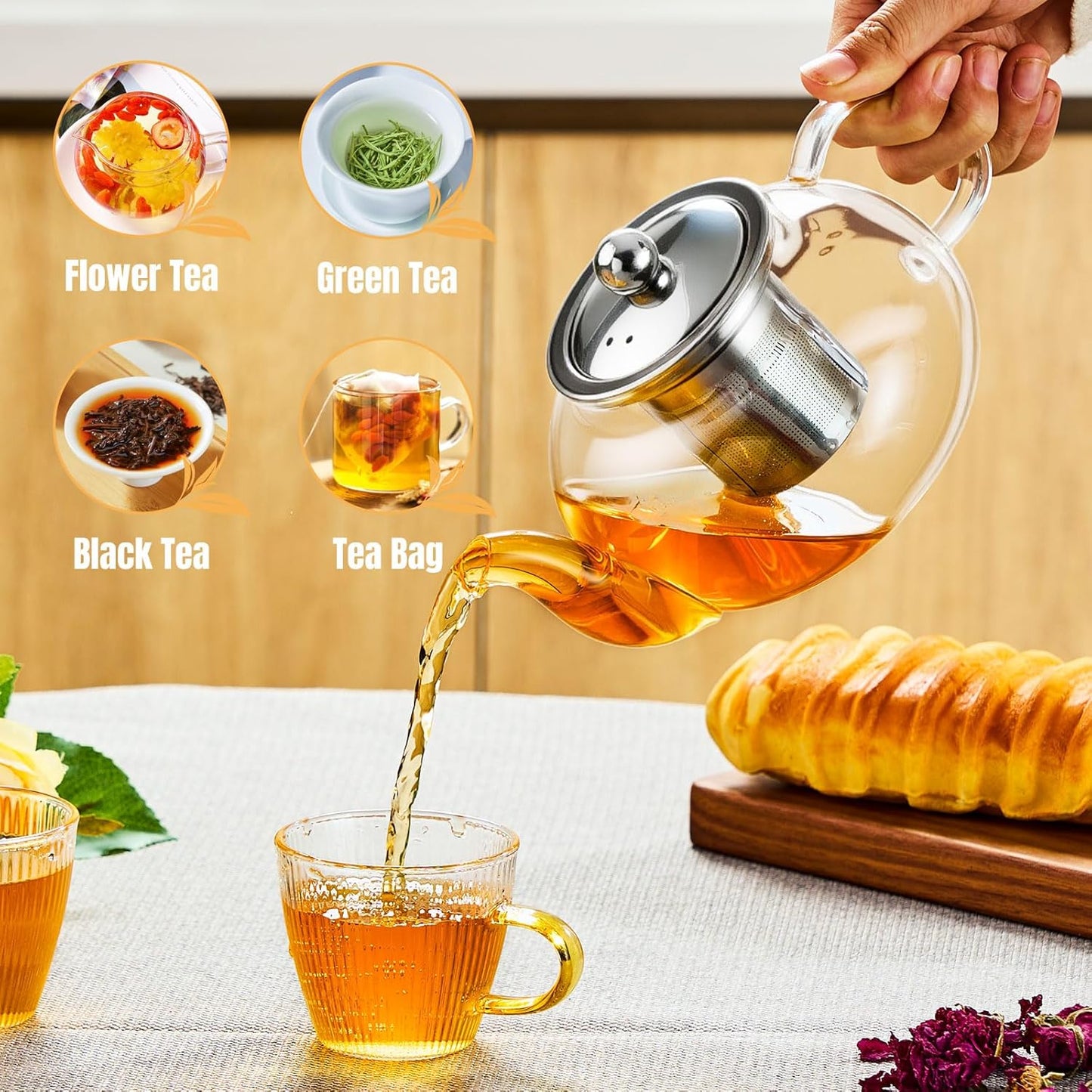 Baalaka Tea Pot with Infuser for Loose Tea, 20 oz Glass Stovetop Kettle | Clear borosilicate body with removable stainless steel strainer works as a tea maker and brewer for blooming or loose leaf