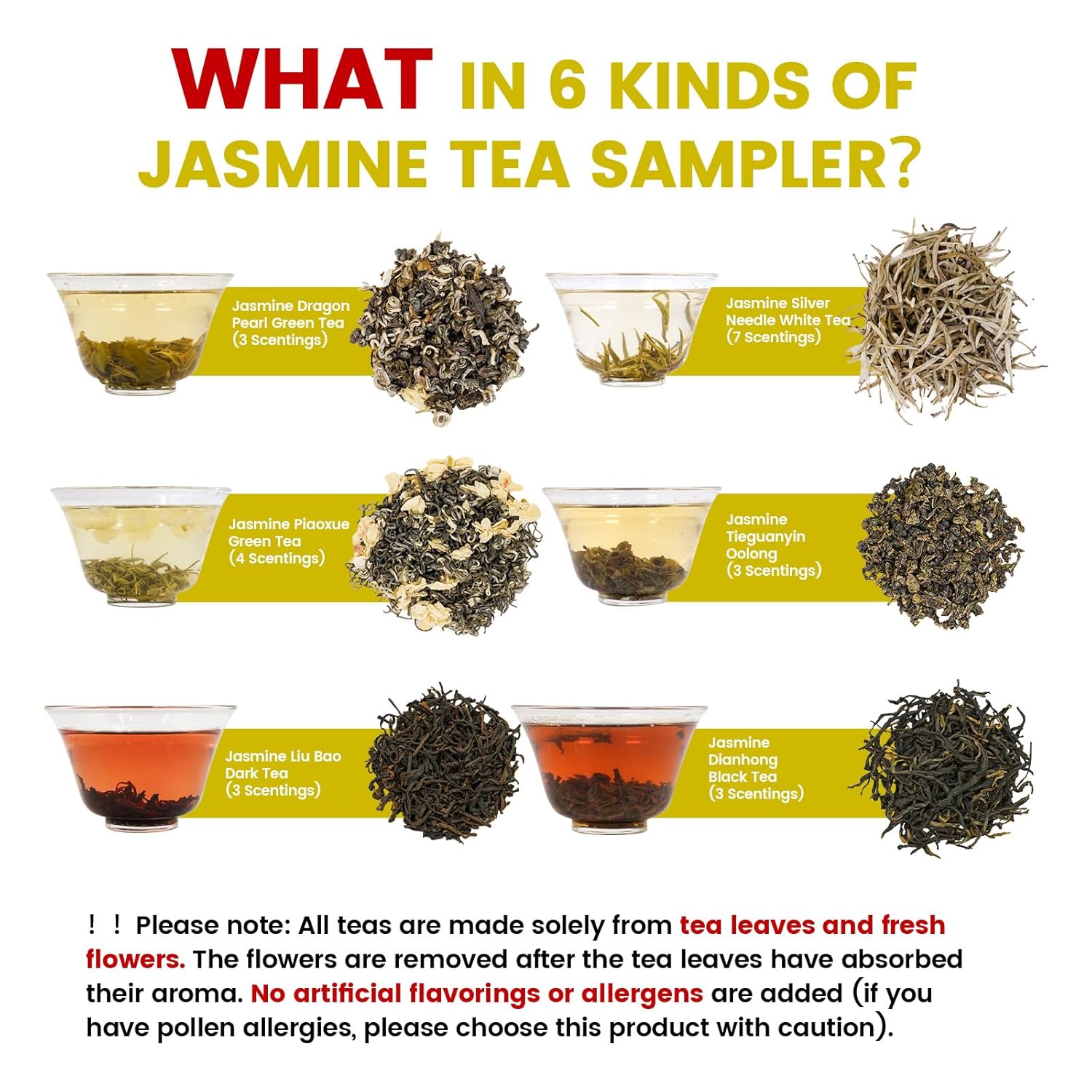 iTeaworld 6 Different Jasmine Tea Sampler, Jasmine Loose Leaf Tea(Including Jasmine Green Tea, Jasmine Oolong Tea, Jasmine LiuBao Tea ect.), No Sugar and Additive, Nice Tea Bags Variety Pack Gift Set(3.17oz)