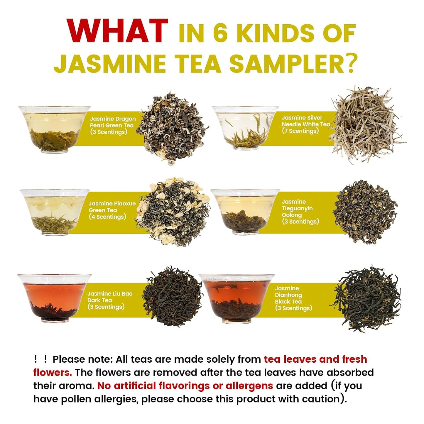 iTeaworld Jasmine Loose Leaf Tea Sampler,6 Chinese Jasmine Teas Gift 3.17oz | Up to 250 Cups|Green,White,Oolong,Dark,Black Tea Bases|No Added Sugar&amp;Artificial Flavoring|Naturally Scented Tea Gift Set